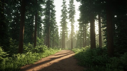 Fototapeta premium Exploring a serene forest trail bathed in sunlight nature landscape peaceful environment scenic view