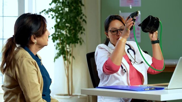 Indian Asian young female doctor measuring blood pressure of senior woman patient in a lavish clinic,