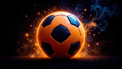 Fototapeta premium A striking 3D illustration of an orange and black soccer ball, illuminated by vibrant orange and blue lighting against a dark background