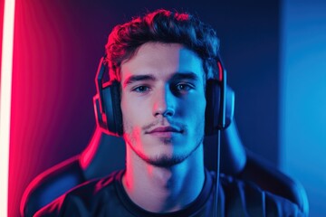 portrait of charismatic gaming influencer in futuristic streaming setup rgb lights illuminating room vibrant atmosphere