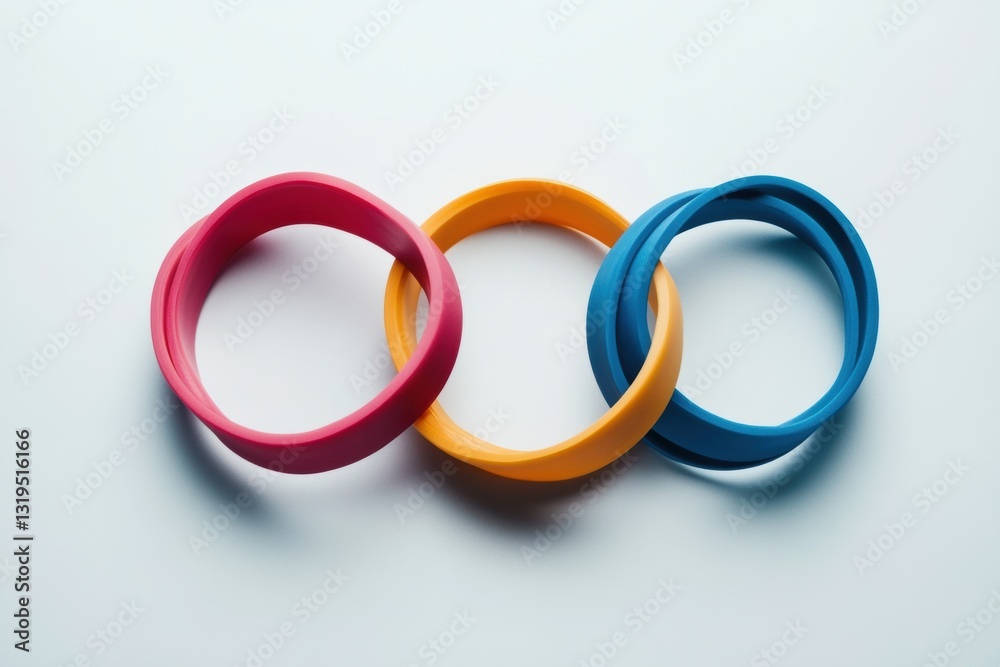 Poster Colorful fitness bands intersecting at unique angles creating a minimalist design on a white background
