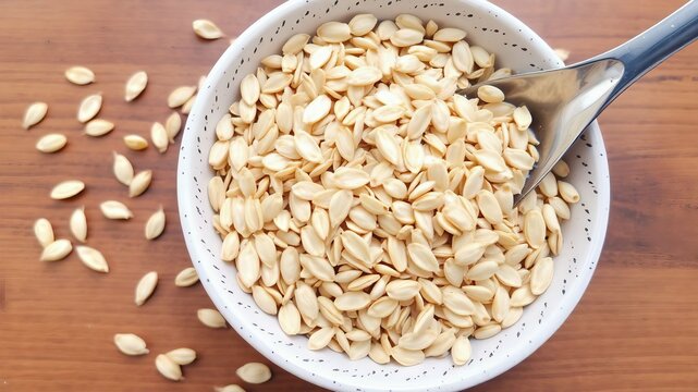 A bowl filled with Maghaz Kaddu (white), commonly known as sunflower seeds. The smooth, pale seeds are neatly arranged, showcasing their natural texture and fresh appearance.