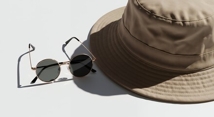 Sunglasses and Bucket Hat on White Background Showing Fashion Accessories
