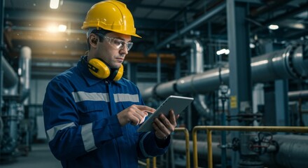 Worker Inspecting Industrial Plant with Tablet for Maintenance and Safety
