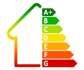 Energy efficient house concept with multicolor classification graph sign, home energy consumption efficiency rating, smart eco house certification system, good ecological and bio energetic rating