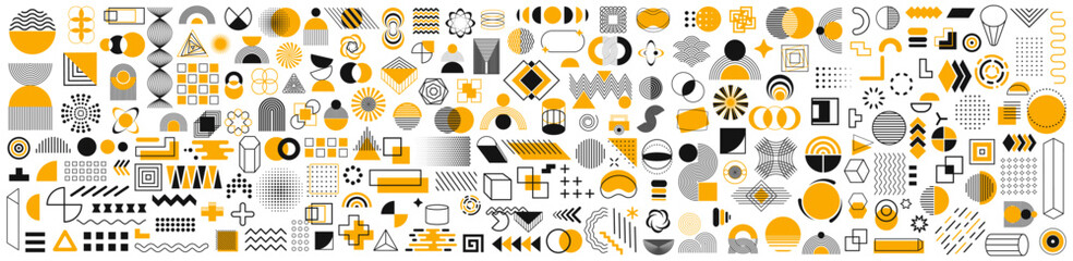 Geometric shapes set. Trendy minimal halftone geometric shapes collection. Memphis design retro elements. Retro funky graphic, 90s trends designs and vintage print elements