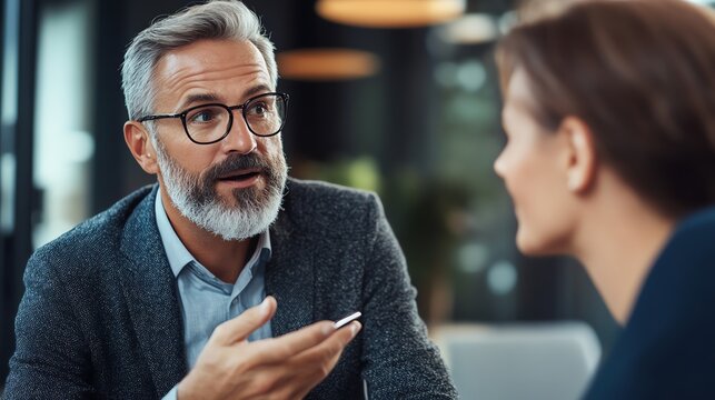 An insurance broker explains policies to a client both faces showing mutual understanding and trust