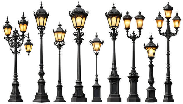 Collection of ornate vintage street lamps png