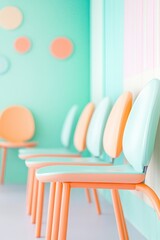 serene pediatric clinic waiting room with pastel-colored walls soft lighting and row of empty small chairs