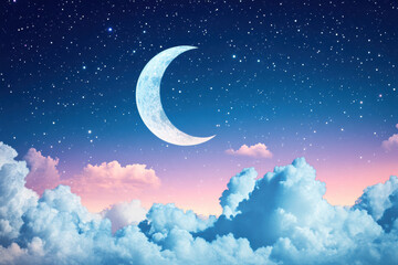 crescent moon shines brightly in starry sky, surrounded by fluffy clouds and gradient of soft pink and blue hues, creating serene and dreamy atmosphere