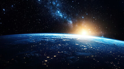 View of Earth’s atmosphere from a luxury space capsule, distant stars shining brightly
