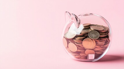 Clear piggy bank filled with coins on pink background.  Possible use Saving, money, finance