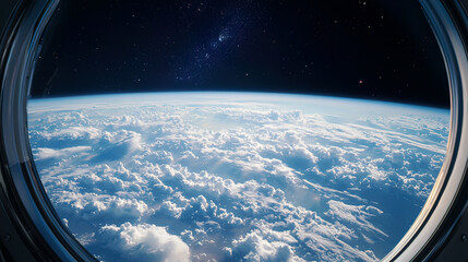 View of Earth&rsquo;s atmosphere from a space capsule window, detailed clouds and distant galaxies