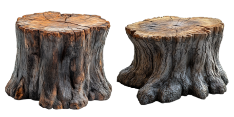 Two Realistic Tree Stumps Isolated on Transparent Background, Generative AI