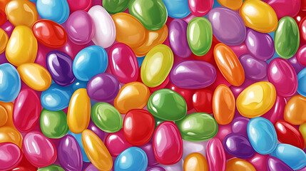 A vibrant assortment of colorful jelly beans in various shades, creating an inviting candy landscape.