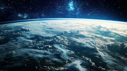 Fototapeta premium View of Earth’s atmosphere from a transparent space capsule, highly detailed clouds and cosmic background