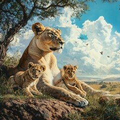 Fototapeta premium Lioness and cubs relaxing in the savanna wildlife photography african landscape natural habitat close-up view