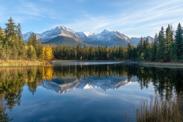 Serene mountain lake at dawn, tranquility
