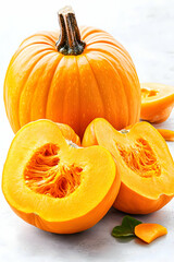 Fresh pumpkin, whole and sliced, on a light surface