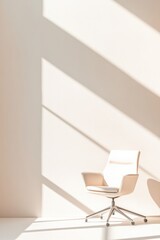 single sleek office chair sits in empty white room bathed in soft natural light emphasizing clean lines