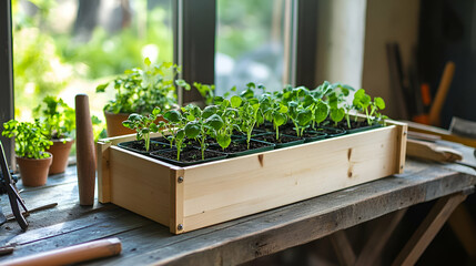 A wooden planter filled with vibrant green seedlings on a rustic table, surrounded by natural light and gardening tools.