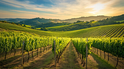 Fototapeta premium Breathtaking view of rolling vineyards under a sunset sky, showcasing lush grapevines and serene natural beauty.