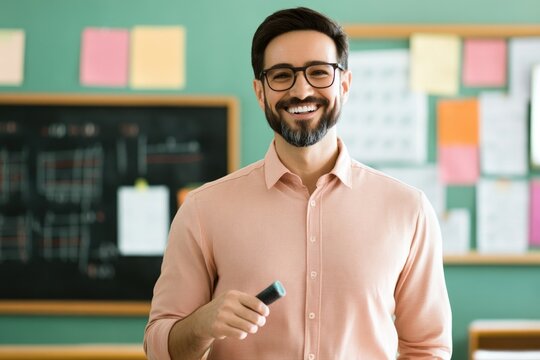 smiling teacher stands confidently in brightly lit classroom dressed professionally holding chalk in hand surrounded