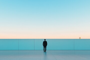 Fototapeta premium solitary businessman silhouette against vast softly-lit office skyline generates contemplative ambiance with clear