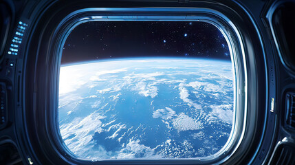 View of Earth’s horizon from a futuristic space shuttle window, highly detailed atmosphere