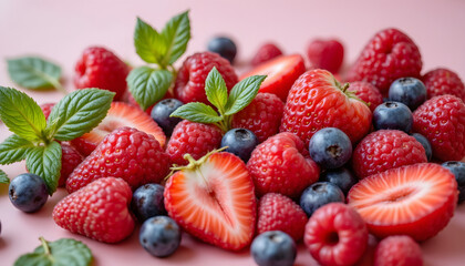 Obraz premium A vibrant and refreshing mix of juicy berries paired with the cool and invigorating taste of fresh mint, creating a burst of natural flavors in every bite.