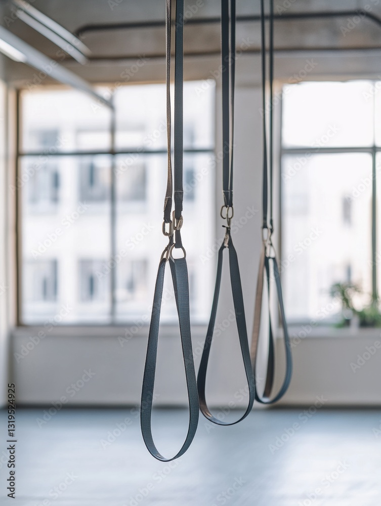 Poster bright fitness studio with minimal straps hanging from the ceiling creates a balanced and focused sp