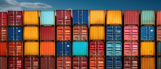 Fototapeta premium Stacked Shipping Cargo Freight Container. Stacked Cargo Shipping Containers Global Trade Logistics. Stack of Cargo Containers. Global Cargo import and Export Logistics Concept with Copy Space. 