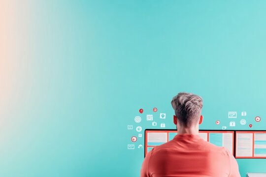 thoughtful person sits at computer with open browser tabs filled with security symbols and digital literacy tools walls