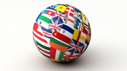 Global Unity Flags Forming a Sphere. Symbolizing International Harmony. Studio Shot on a White Background