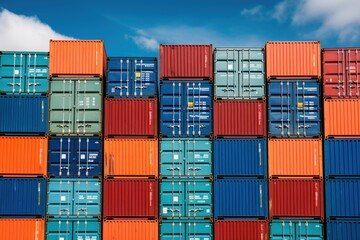Fototapeta premium Stacked Shipping Cargo Freight Container. Stacked Cargo Shipping Containers Global Trade Logistics. Stack of Cargo Containers. Global Cargo import and Export Logistics Concept with Copy Space. 