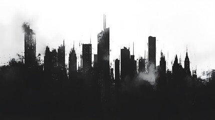 Naklejka premium An abstract grayscale painting depicts a city skyline at dusk