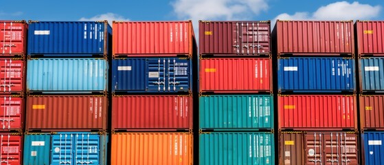 Fototapeta premium Stacked Shipping Cargo Freight Container. Stacked Cargo Shipping Containers Global Trade Logistics. Stack of Cargo Containers. Global Cargo import and Export Logistics Concept with Copy Space. 