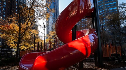 Red spiral playground slide in urban park with autumn trees and skyscrapers in background.