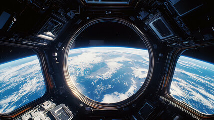 View of Earth&rsquo;s horizon from the observation deck of a space station, highly detailed