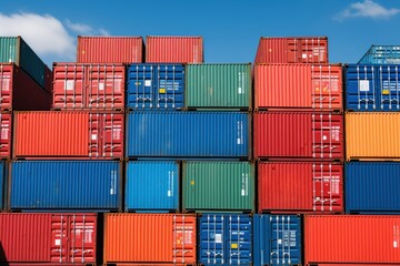 Fototapeta premium Stacked Shipping Cargo Freight Container. Stacked Cargo Shipping Containers Global Trade Logistics. Stack of Cargo Containers. Global Cargo import and Export Logistics Concept with Copy Space. 