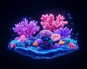 Glowing coral reef in a hand