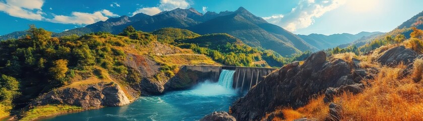 Scenic River Waterfall Surrounded by Majestic Mountains and Nature