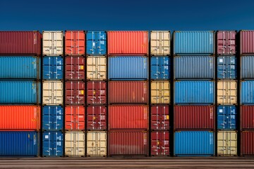 Stacked Shipping Cargo Freight Container. Stacked Cargo Shipping Containers Global Trade Logistics. Stack of Cargo Containers. Global Cargo  import and Export Logistics Concept with Copy Space. 