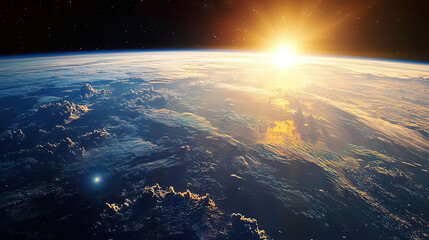 View of Earth’s sunrise from the observation deck of a futuristic space station, hyper-realistic clouds and stars