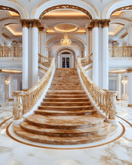 Grand, opulent, sweeping staircase in a luxurious mansion.  Elegant, classic, and refined interior design