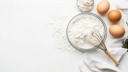 White bowl with flour and eggs, whisk on white background isolation. AI Generative