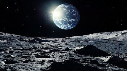 View of Earth’s sunrise from the surface of the moon with tourists capturing stunning photos