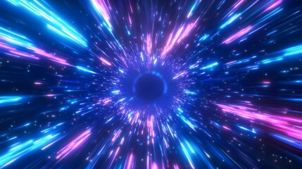 Fototapeta premium A vibrant cosmic tunnel with neon lights speeding through space