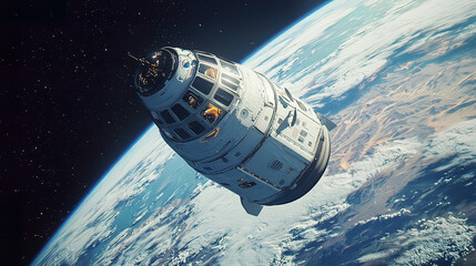 Fototapeta premium View of space tourists floating in an orbital capsule above Earth, hyper-realistic detail