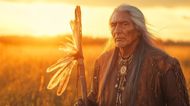 Native American Elder Reflecting on Tribal Heritage in a Serene Sunset Field Holding a Feather